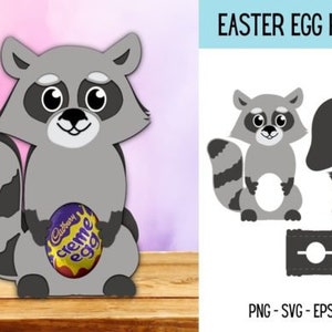 Puede incluir: Un mapache gris sosteniendo un huevo de Pascua Cadbury Creme Egg. El mapache sostiene el huevo en sus patas y tiene una gran sonrisa. El huevo es morado y dorado con las palabras "Cadbury Creme Egg" impresas en &eacute;l. Esta es una plantilla imprimible para un porta huevos de Pascua.
