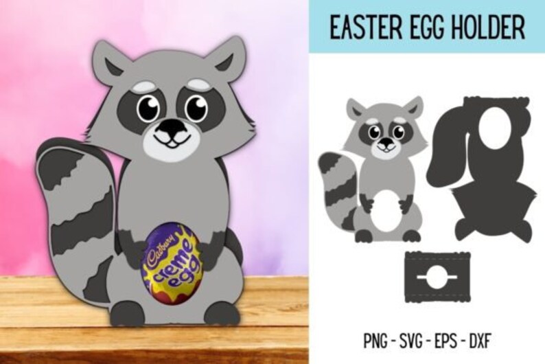 Puede incluir: Un mapache gris sosteniendo un huevo de Pascua Cadbury Creme Egg. El mapache sostiene el huevo en sus patas y tiene una gran sonrisa. El huevo es morado y dorado con las palabras "Cadbury Creme Egg" impresas en &eacute;l. Esta es una plantilla imprimible para un porta huevos de Pascua.