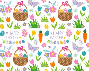 Patrón de Pascua sin costuras: Conejito, huevos y flores (Descarga digital)