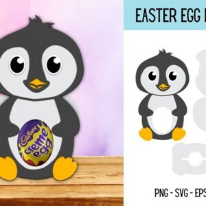 Puede incluir: Un soporte de huevo de Pascua imprimible con forma de ping&uuml;ino. El ping&uuml;ino es negro y blanco con un pico y patas amarillas. El soporte est&aacute; dise&ntilde;ado para contener un huevo de crema Cadbury.