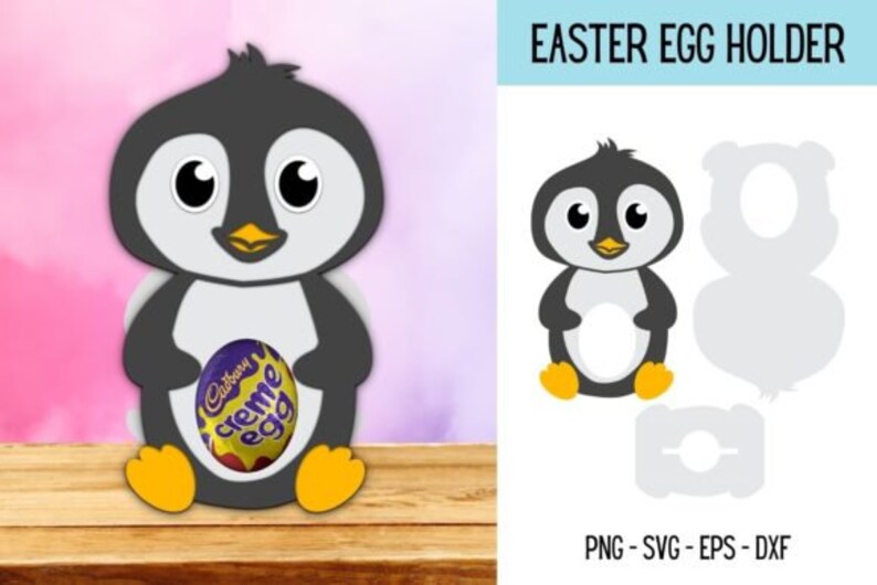 Puede incluir: Un soporte de huevo de Pascua imprimible con forma de ping&uuml;ino. El ping&uuml;ino es negro y blanco con un pico y patas amarillas. El soporte est&aacute; dise&ntilde;ado para contener un huevo de crema Cadbury.