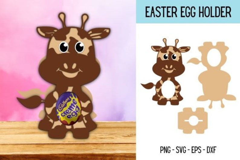 Puede incluir: Un soporte para huevos de Pascua con forma de jirafa marr&oacute;n y beige con un hueco para un huevo. El soporte est&aacute; hecho de cart&oacute;n y est&aacute; listo para ser ensamblado. La jirafa tiene una cara sonriente y un patr&oacute;n de manchas marrones. El soporte est&aacute; dise&ntilde;ado para contener un huevo de chocolate Cadbury Creme.
