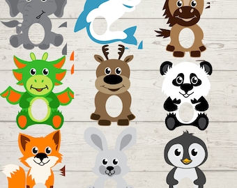 May include: Nine different animal finger puppets, each with a hole for a finger. The animals are a grey elephant, a blue dolphin, a brown horse, a green dragon, a brown reindeer, a black and white panda, an orange fox, a grey rabbit, and a black penguin.
