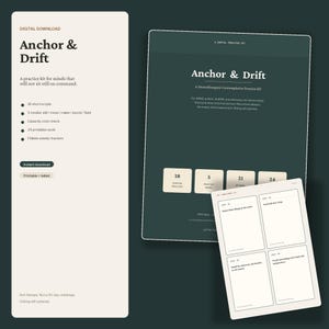 Könnte beinhalten: Ein digitales Übungsset mit dem Titel Anchor & Drift, bestehend aus einer hellbeigen Informationstafel mit Inhaltsangabe, einem dunkelgrünen Dokumentendeckel und einem weißen Kartenblatt mit vier Textfeldern für neurodivergente Menschen.