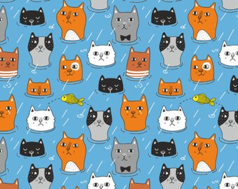 Op de afbeelding: Een naadloos patroon met verschillende katten met verschillende uitdrukkingen en kleuren, waaronder oranje, grijs, zwart en wit. De katten zijn afgebeeld met eenvoudige, cartoonachtige kenmerken en zijn geplaatst op een lichtblauwe achtergrond met regendruppels.