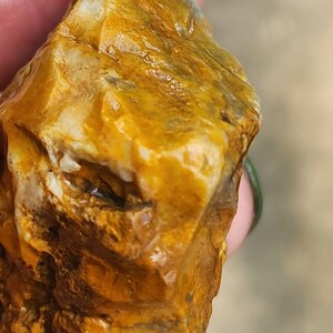 以下が含まれることがあります： 茶色と白の模様が入った、不規則な形をした黄色と白の粗い石。石は滑らかで磨かれた表面をしています。