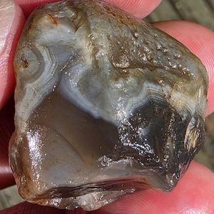 May include: A polished natural stone with a mix of colours. The stone features bands of white, grey, and brown, with a glossy, reflective surface. The overall shape is irregular and organic, showcasing natural patterns.
