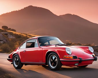 Vintage 1970s Porsche 911 T-Shirt Design – Bold Red Car on Mountain Road at Sunset