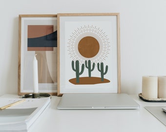 Boho wall decor printable art, Sun and Cactus