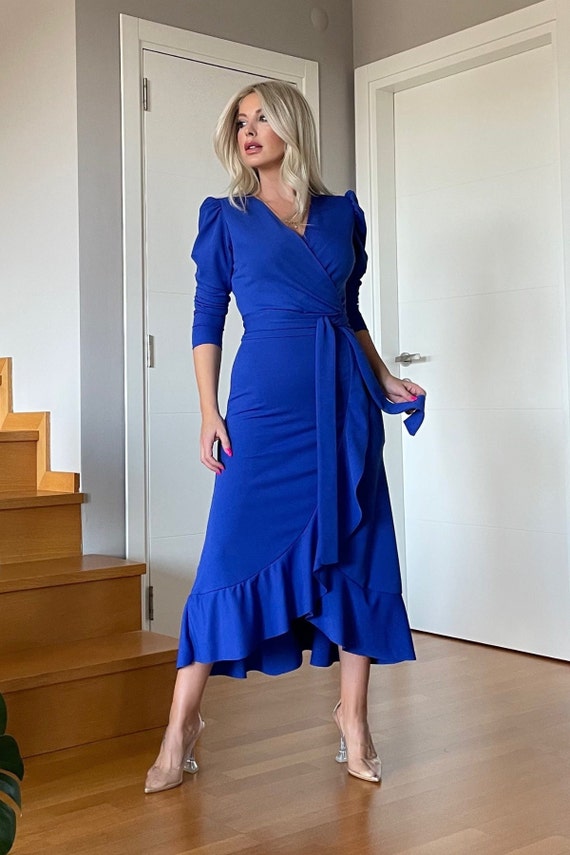 Crepe Fabric Midi Length Belted Long Sleeve Dress, Double Breasted Dress,  Gift for Woman, Cocktail Dress, Luxury Dress for Woman 