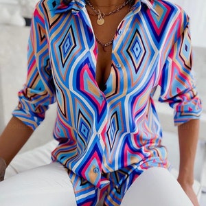 Geometric Pattern Shirt, Minimalist Top, Long Sleeved Top, Designer Women Top, Womens Top, Minimalist Women Blouse