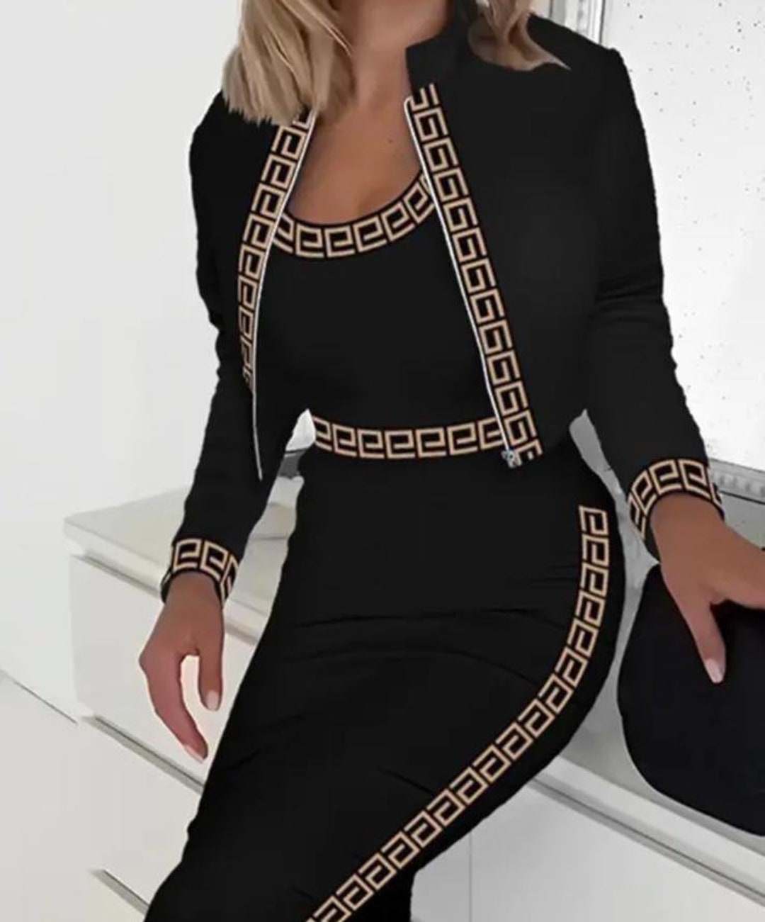 Women Two Piece Dress and Jacket Set, Elegant Decorated Black Midi ...