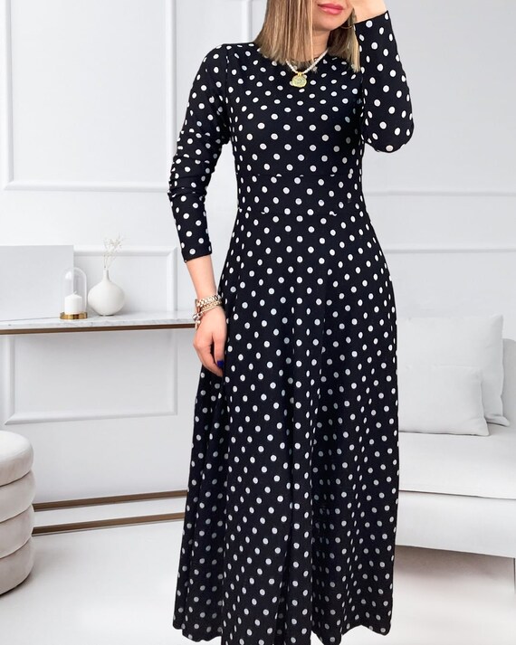 Polka Dot Dress, White Dotted Dress, Spotted Dress, Retro Dress, Black  White Dress, Long Sleeve Dress, Wedding Dress, Women Dress, Maxi Dres -   Canada