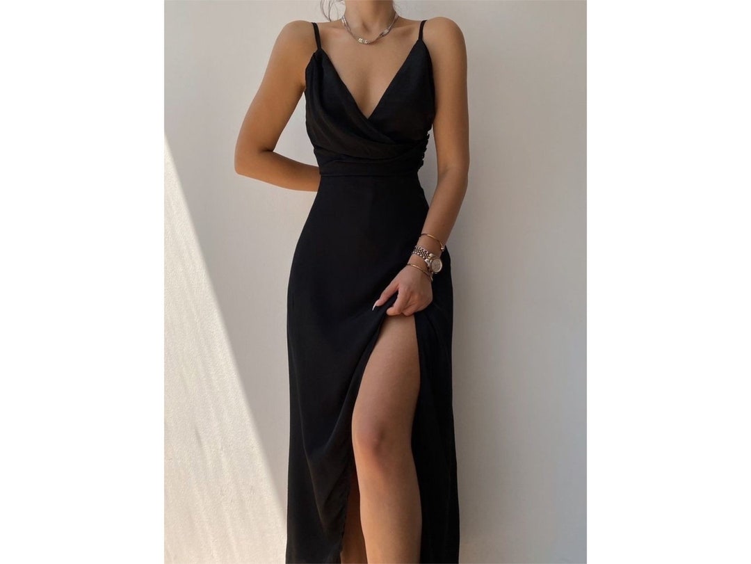 Black Dress With Straps, With a Slit, Wedding Guest Dress, Corset Dress ...