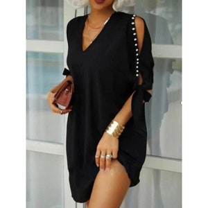 Black Shiny Midi Dress, V-Neck Dress With Pearl Application, Fancy Evening Dress, Prom dress