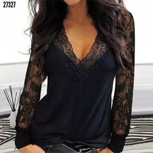 Blouse Finished With Lace Details , Women Black Blouse ,Womens Top,Casual Top