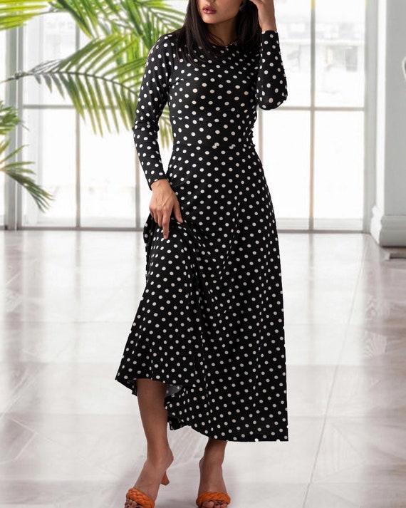 Black Polka Dot Dress Maxi Long Sleeve Dotted Dress Full - Etsy