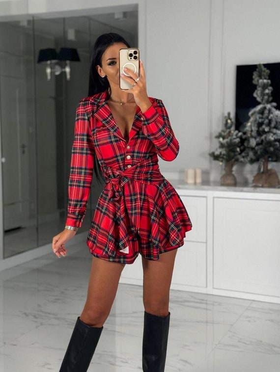 Women s Plaid Jumpsuit With a Tie at the Waist Cute Holiday Plaid