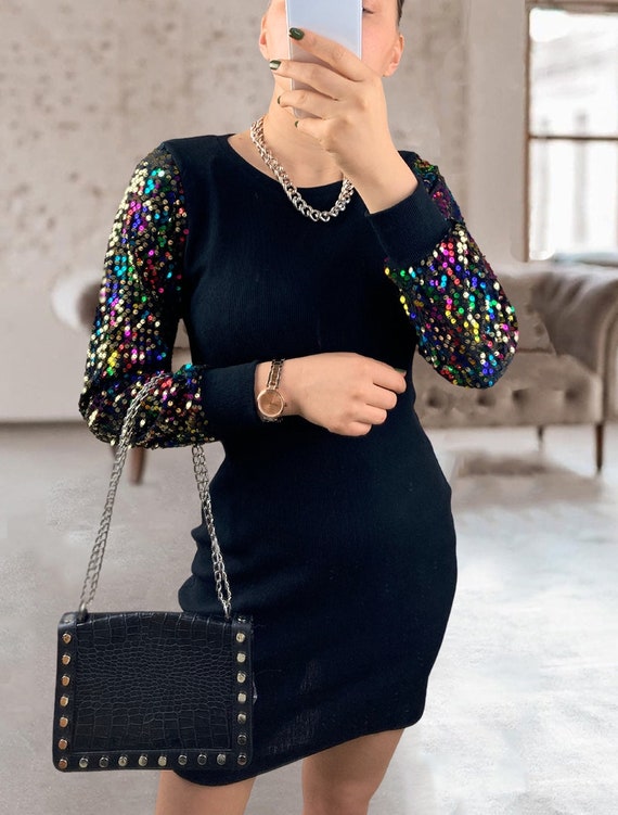 Crystal Embellished Woven Long Sleeve Mini Dress