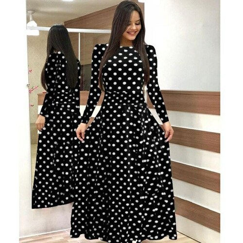 ModaBlask Black Polka Dot Dress, Maxi Long Sleeve Dotted Dress, Full Length(52inch) Dress, Women Dress, Women Clothing