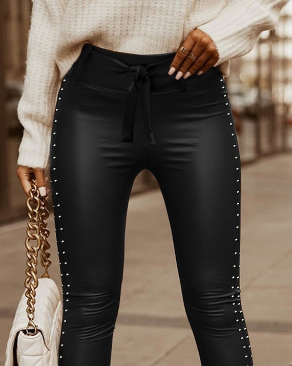 Faux leather leggings hot style leather pants women's thin large stretch  leggings cropped trousers
