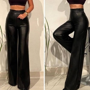 High Waist Wide Leg Faux Leather Trousers, Leggings For Women, Faux Leather Leggings Trousers, Black Leggins, Christmas gift, Gift For Her