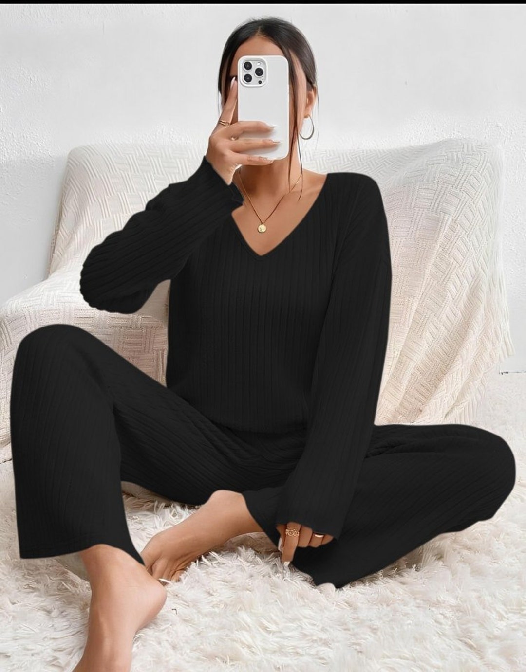 Women's Outwear Winter Lounge Set, Casual Long Sleeve Vneck Top and