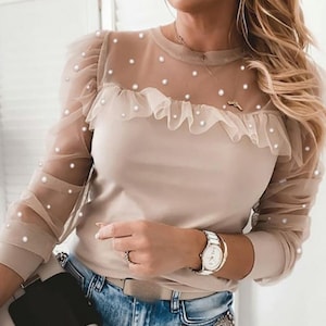 Stone Embroidered Viscose Blouse with Tulle Details,  Lace Sleeved Casual Top, Modern Elegant Women Blouse