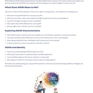 May include: A page titled "Understanding ADHD" with bullet points and questions about ADHD. An illustration shows a person sitting on a tree stump, looking at a colorful design with the words "Embrace the Spark."