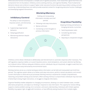 May include: Informational graphic titled "Core Elements of Executive Function" with sections on inhibitory control, working memory, and cognitive flexibility. Text explains each element and its functions.