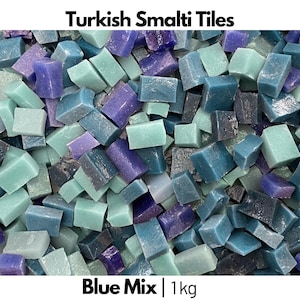 May include: A collection of small, square Turkish Smalti tiles in a Blue Mix. The tiles are in shades of blue, teal, and purple. The text "Turkish Smalti Tiles" and "Blue Mix | 1kg" are displayed.