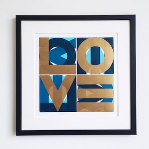 Original Linocut Print, Love, Hand printed, Gold and Teal, Original Art, Wall Art, Home Decor, Contemporary Art