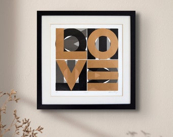Lino Print - LOVE - Linocut - Original Artwork, Hand printed, Gold and Grey, Original Art, Home Decor, Contemporary Art