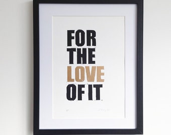 Original linocut print - 'For the Love of It' (Black and Gold) -Home Decor, Wall Art