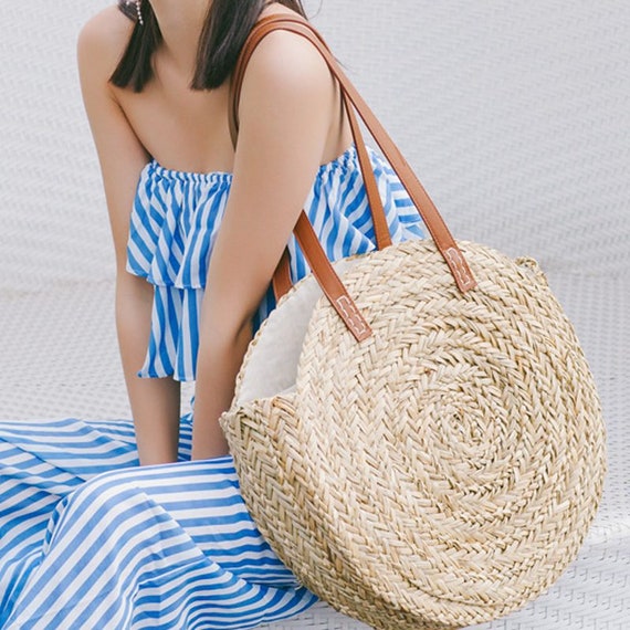 ❤ Summer Women Beach Straw Woven Rattan Holiday Shoulder Bag Purse Round  ❤ A