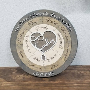 May include: A wooden circular puzzle with a heart-shaped infinity symbol in the center. The heart is inscribed with the word "Sanchez" and the words "God Builds A Family One Piece At A Time" are written around the outer edge. The puzzle pieces are labeled with names, family values, and the date "Jan 8, 2022".