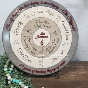 May include: A wooden round sign with a gray and beige background. The sign has a circle in the center with the text "Live Jaworawski" and a treble clef. The circle is surrounded by six smaller circles with the names of different schools and musical groups. The text "The only thing better than singing, is more singing. - Ella Fitzgerald" is written around the outer edge of the sign.