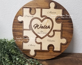 Rustic Unity/ Family Puzzle, Blended Family, Unity Alternative, Unity Puzzle For Wedding, Fully Customized, four puzzle pieces and a heart
