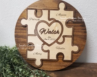 Rustic Unity/ Family Puzzle, Blended Family, Unity Alternative, Unity Puzzle For Wedding, Fully Customized, four puzzle pieces and a heart