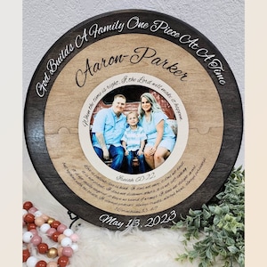 May include: A round wooden plaque with a photo of a family of three in the center. The plaque is decorated with a dark brown wood border and a light wood center. The text "God Builds A Family One Piece At A Time" is written around the top of the plaque. The text "Aaron Parker" is written in a decorative font below the photo. The text "When the time is right, the Lord will make it happen." is written below the name. The text "Isaiah 60:22" is written below the quote. The text "Love is patient, love is kind. It does not envy, it does not boast, it is not proud. It does not dishonor others, it is not self-seeking, it is not easily angered, it keeps no record of wrongs. It does not delight in evil, but rejoices with the truth. It always protects, always trusts, always hopes, always perseveres. 1 Corinthians 13:4-7" is written below the scripture reference. The text "May 13, 2023" is written at the bottom of the plaque.