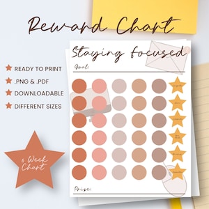Puede incluir: Un gráfico de recompensas imprimible de 6 semanas centrado en mantenerse concentrado. El gráfico presenta una cuadrícula de 42 círculos en varios tonos de marrón, rosa y beige. El gráfico también incluye un ratón de ordenador, un monitor de ordenador y un conjunto de cinco estrellas doradas con frases motivacionales.