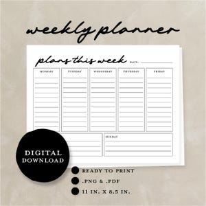 Printable Minimalist Weekly Planner | Digital Download Weekly Planner | Simple Weekly Organizer | Instant Download Calendar | Minimal Agenda