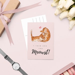 Modelo de cartão de dia dos namorados digital, cartão postal de dia dos namorados para gato para impressão, eu te amo o cartão Meowst pôster de gato dos namorados, modelo de cartão de amor do Canva