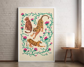 Poster tigre, impression d'art tigre, art déco mural indien vintage, peinture tigres bohèmes, cadeau imprimé animal, décoration murale oeuvre d'art murale cadeau chat sauvage