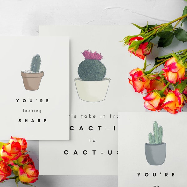 3 Digital Cactus Cards, Canva Template Instant Download, Cacti Poster, Cactus Pun, Plant Lover Valentine Card, Printable Postcard Editable