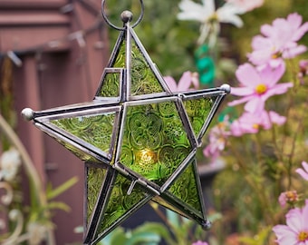 Moroccan Star Tealight Lantern: Boho Chic Stamped Glass Hanging Decor