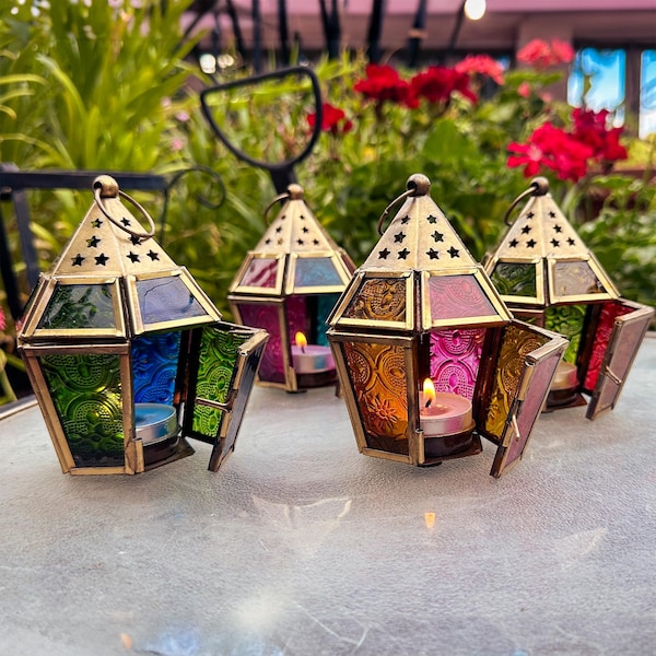 Mini Hex Moroccan Tealight Lantern: Boho Chic Stamped Painted Glass Table Decor