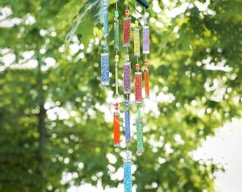 Rainbow Textured Tiered Glass Mobile Wind Chime