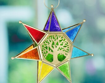 Hanging Tree of Life Seven Point Star Tealight Lantern