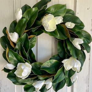 Magnolia Wreath for Front Door, Artificial Magnolia Bloom Wreath, Year Round All Season Wreath, Housewarming Gift, Modern Wreath, Realtor